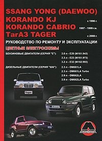 SsangYong (Daewoo) Korando KJ / Cabrio KJ / ТагАЗ Tager с 1996 г. Бензиновые двигатели 2.0, 2.3, 3.2 л. Дизельные двигатели 2.3, 2.9 л. Руководство по ремонту и эксплуатации. Цветные электрос