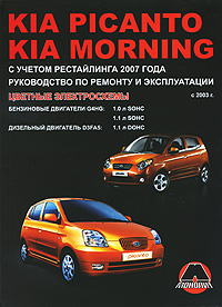 Kia Picanto / Morning с 2003 г., Бензиновые двигатели: 1.0 / 1.1 л. Дизельные двигатели: 1.1 л. Руководство по ремонту и эксплуатации. Цветные электросхемы