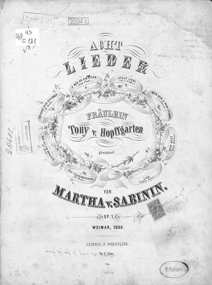 Книга  ЦГПБ, Марфа (Марта) Степановна Сабинина Acht Lieder von Martha v. Sabinin